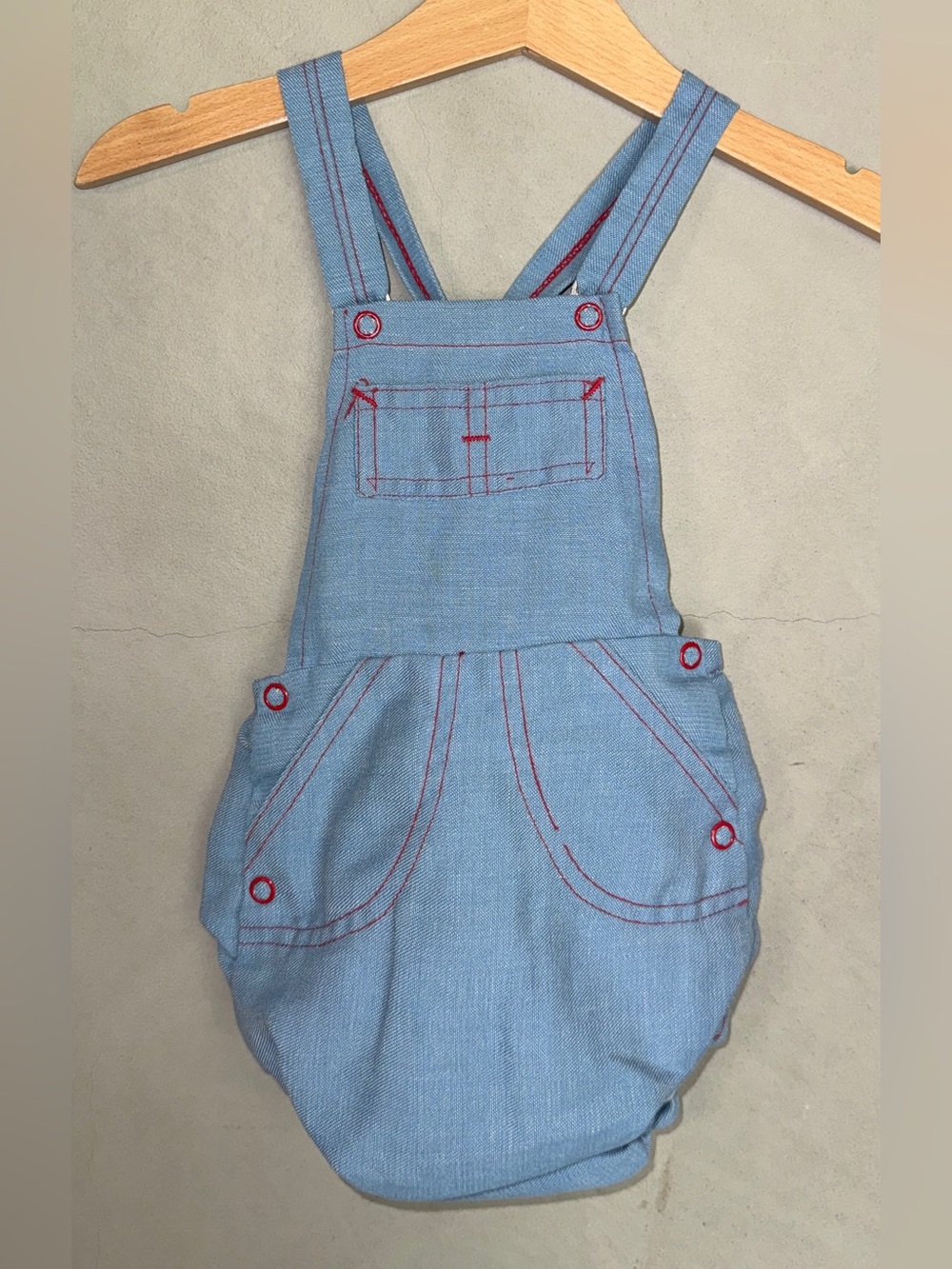 Vintage 80’s light blue denim bubble romper toot toot train on butt 6-12 months